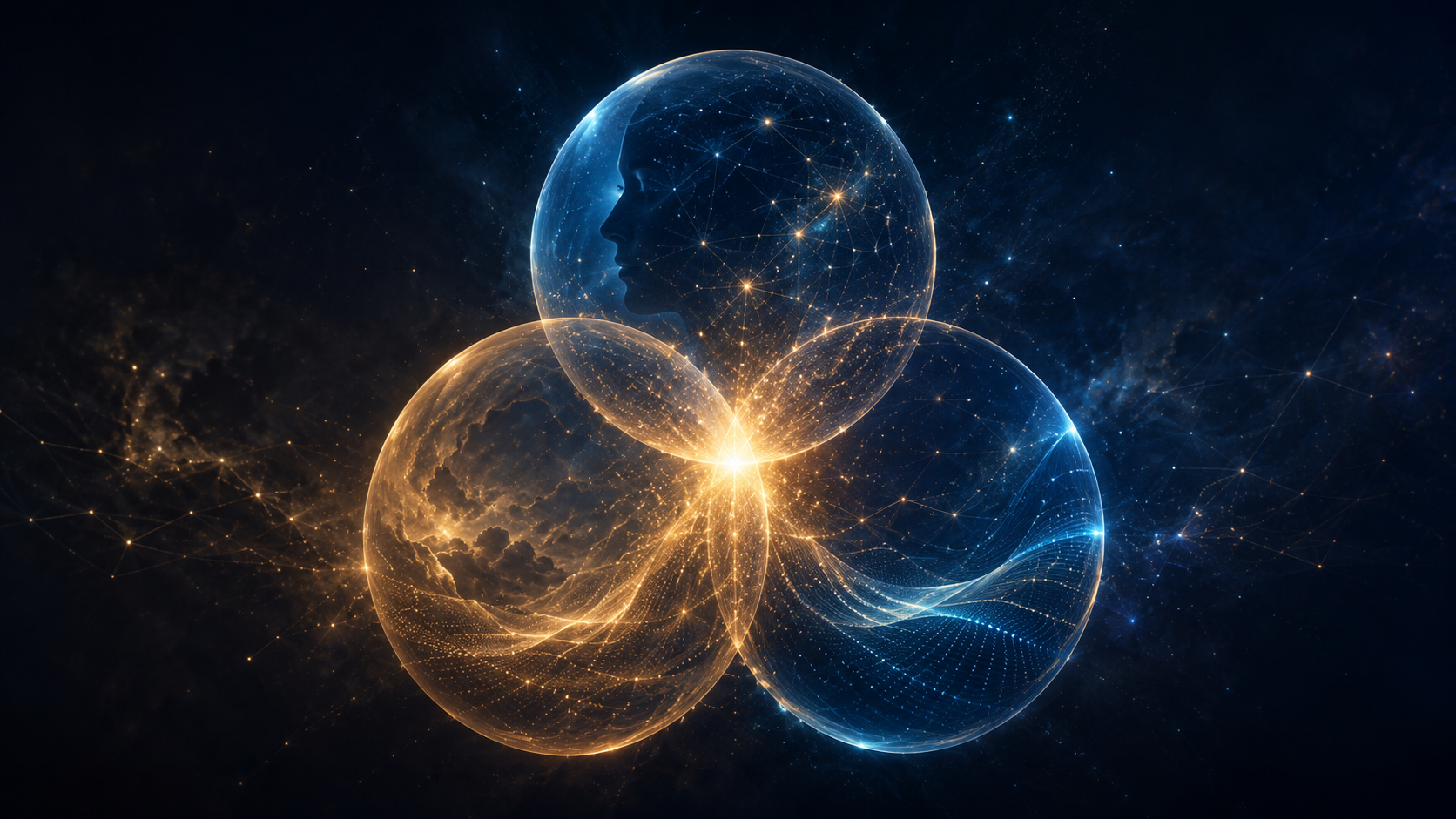 Three luminous, interconnected spheres converging at a shared centre.